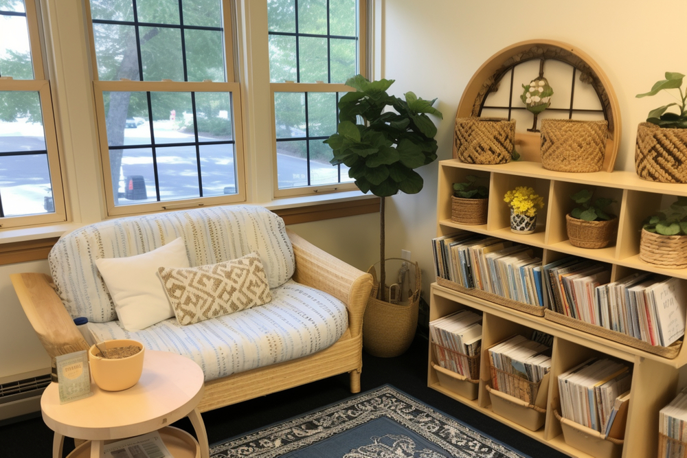 Espacio de lectura acogedor con sofá de mimbre y cojines, junto a una estantería organizada con libros y decorada con plantas, creando un ambiente tranquilo y relajante en casa.